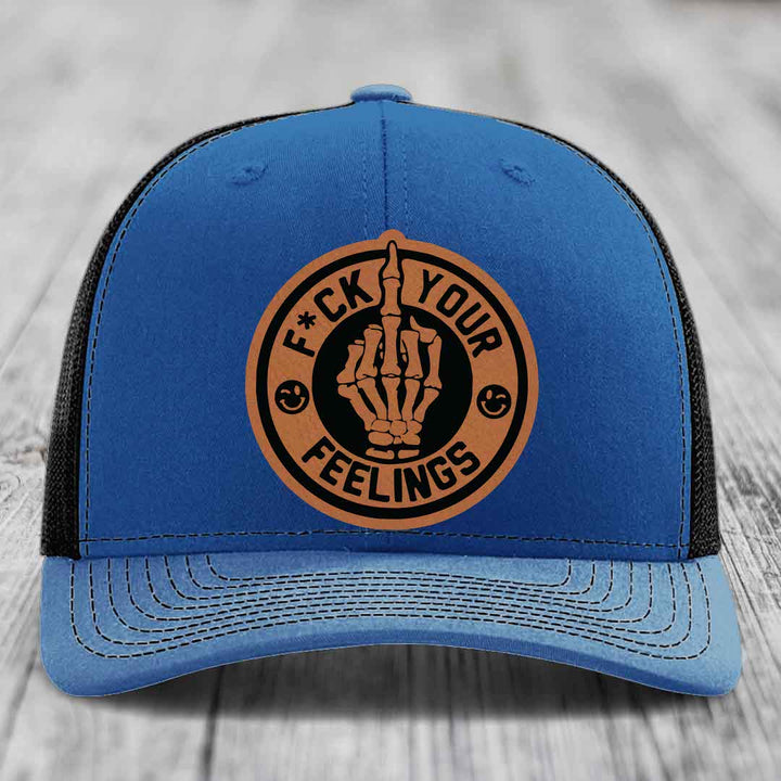 F*ck Your Feelings - Leather Patch Hat - Rawhide to Black Patch - Richardson 112 Snapback Trucker Hat