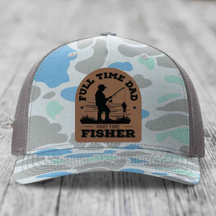 Full Time Dad Part Time Fisher - Leather Patch Hat - Dark Brown to Black Patch - Richardson 112PFP Snapback Trucker Hat