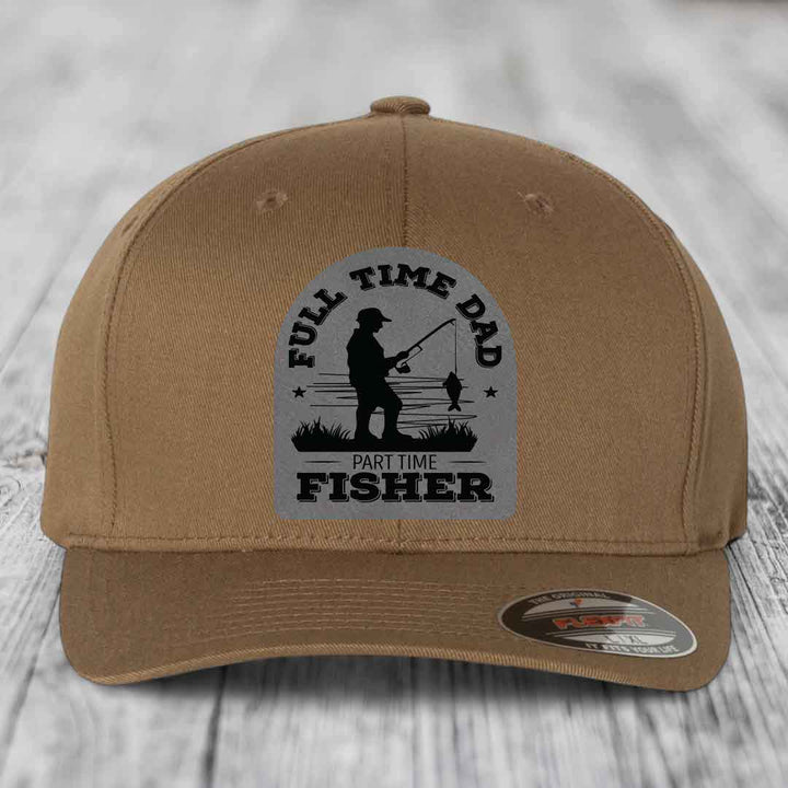 Full Time Dad Part Time Fisher - Leather Patch Hat - Grey to Black Patch - Flexfit 6277 Fitted Hat