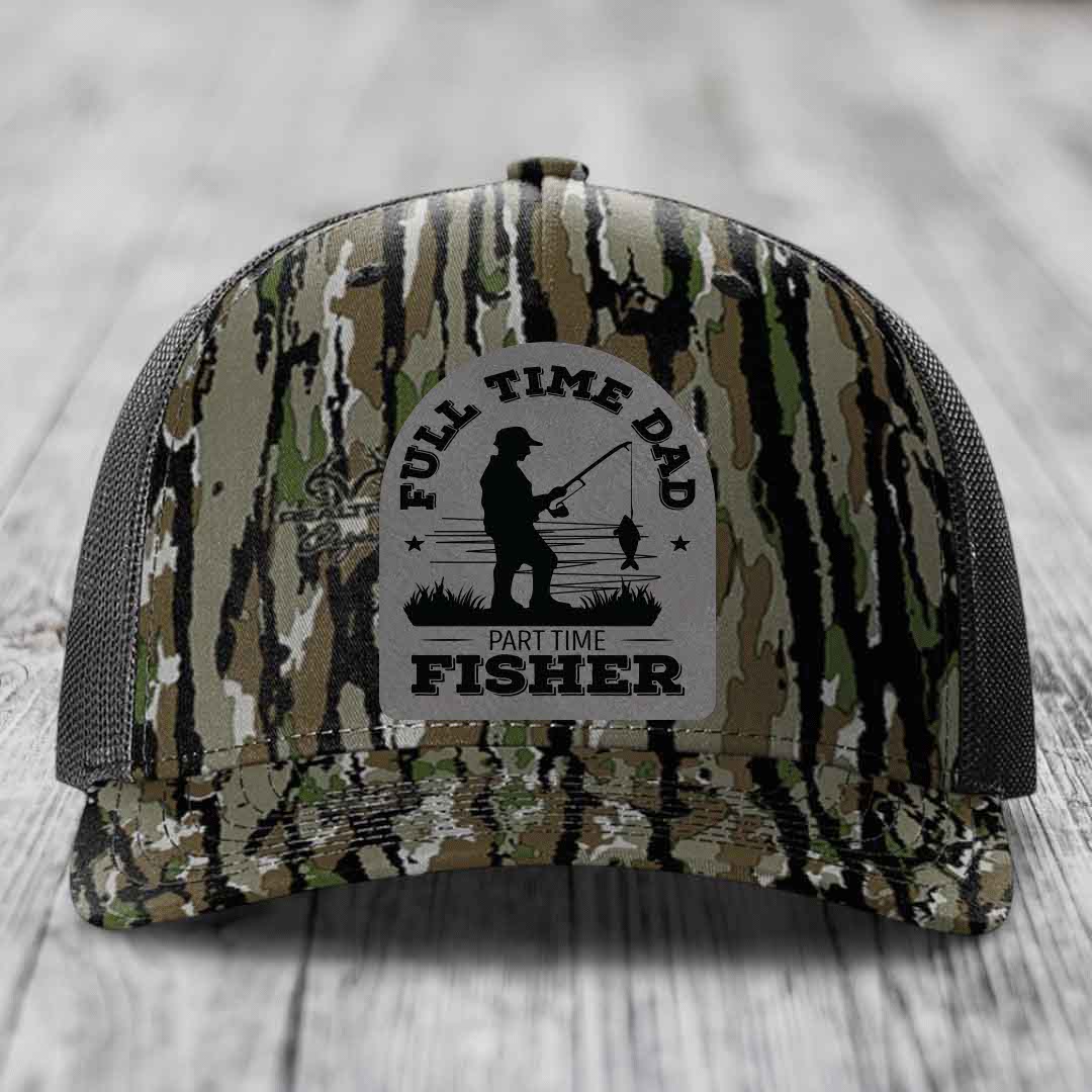 Full Time Dad Part Time Fisher - Leather Patch Hat - Grey to Black Patch - Richardson 112PFP Snapback Trucker Hat