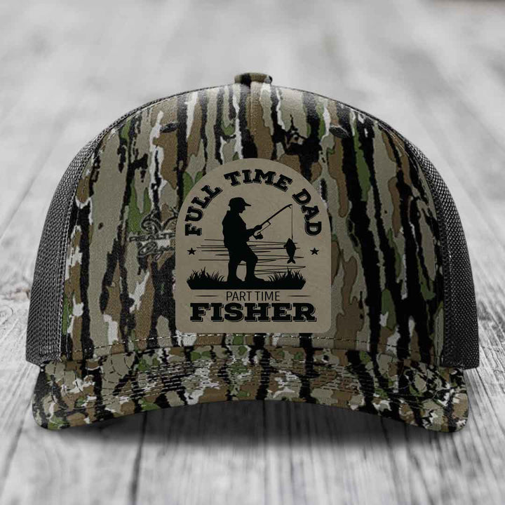 Full Time Dad Part Time Fisher - Leather Patch Hat - Light Brown to Black Patch - Richardson 112PFP Snapback Trucker Hat