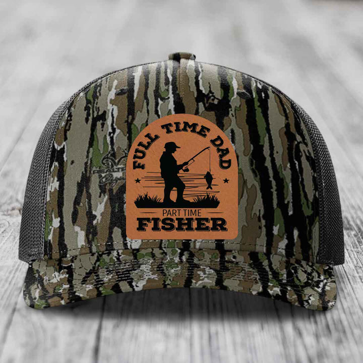Full Time Dad Part Time Fisher - Leather Patch Hat - Rawhide to Black Patch - Richardson 112PFP Snapback Trucker Hat