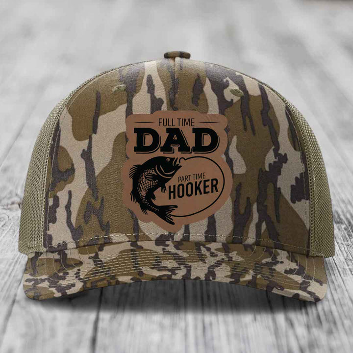 Full Time Dad Part Time Hooker - Leather Patch Hat - Dark Brown to Black Patch - Richardson 112PFP Snapback Trucker Hat