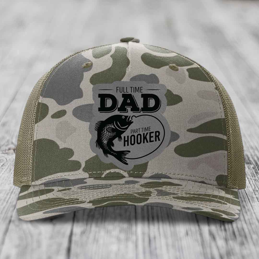 Full Time Dad Part Time Hooker - Leather Patch Hat - Grey to Black Patch - Richardson 112PFP Snapback Trucker Hat