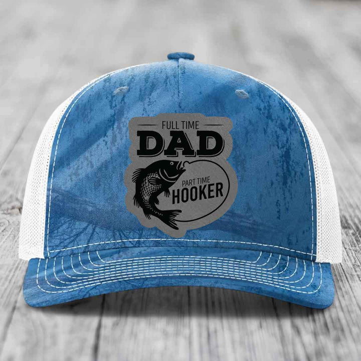 Full Time Dad Part Time Hooker - Leather Patch Hat - Grey to Black Patch - Richardson 112PFP Snapback Trucker Hat