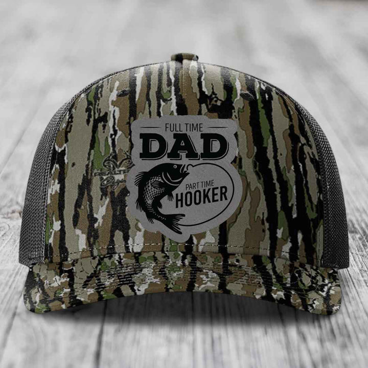 Full Time Dad Part Time Hooker - Leather Patch Hat - Grey to Black Patch - Richardson 112PFP Snapback Trucker Hat