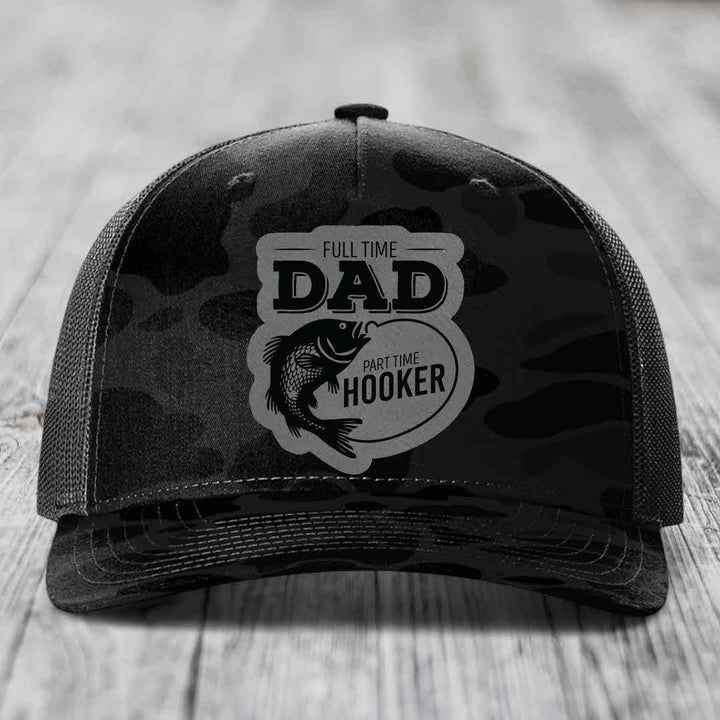 Full Time Dad Part Time Hooker - Leather Patch Hat - Grey to Black Patch - Richardson 112PFP Snapback Trucker Hat