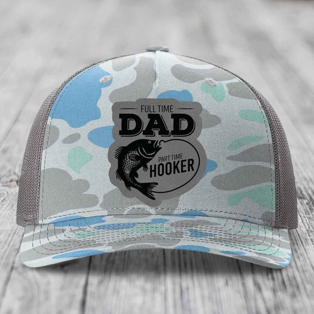 Full Time Dad Part Time Hooker - Leather Patch Hat - Grey to Black Patch - Richardson 112PFP Snapback Trucker Hat