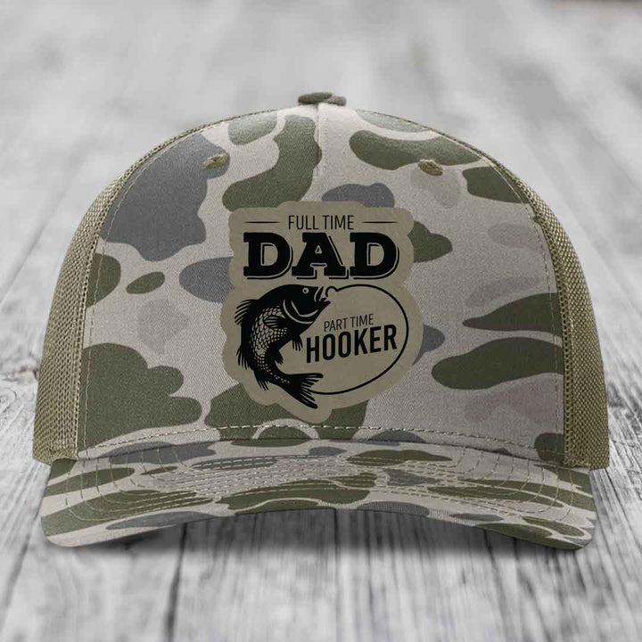Full Time Dad Part Time Hooker - Leather Patch Hat - Light Brown to Black Patch - Richardson 112PFP Snapback Trucker Hat