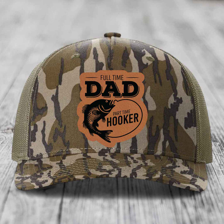 Full Time Dad Part Time Hooker - Leather Patch Hat - Rawhide to Black Patch - Richardson 112PFP Snapback Trucker Hat