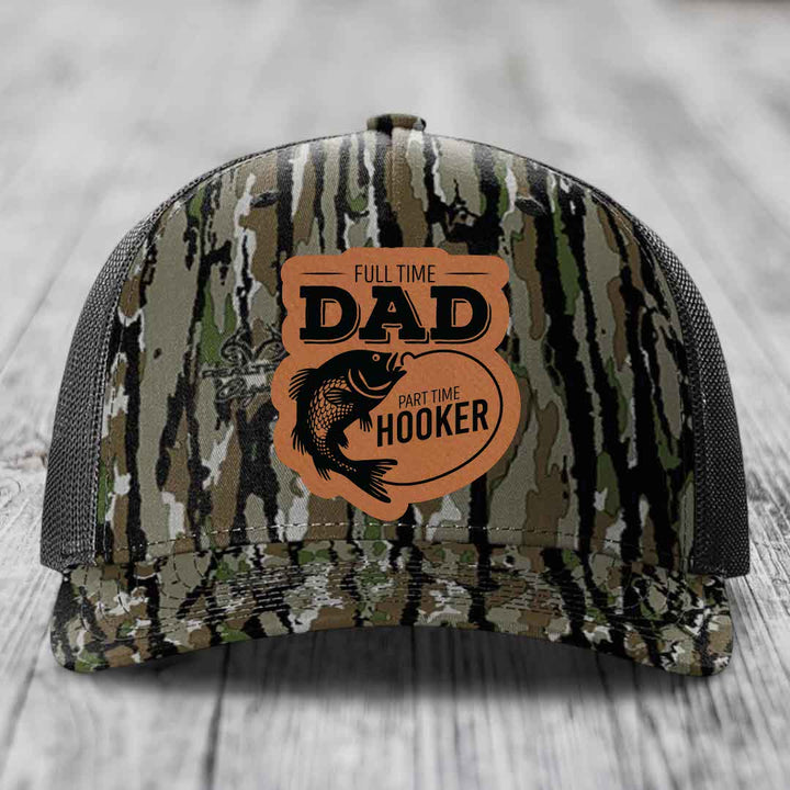 Full Time Dad Part Time Hooker - Leather Patch Hat - Rawhide to Black Patch - Richardson 112PFP Snapback Trucker Hat