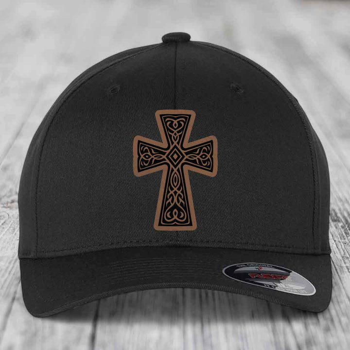 Graceforged Cross - Leather Patch Hat - Dark Brown to Black Patch - Flexfit 6277 Fitted Hat