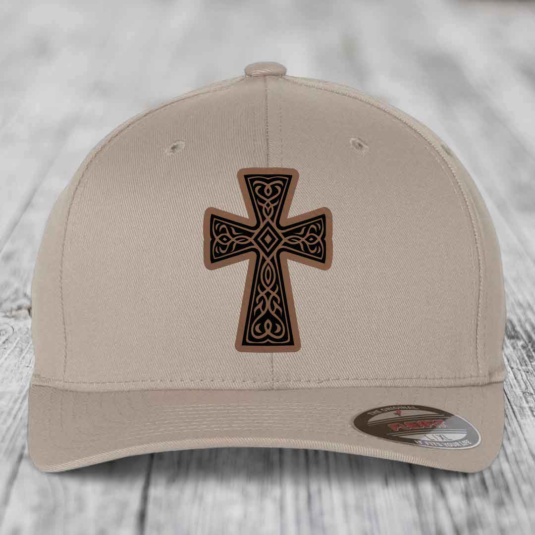 Graceforged Cross - Leather Patch Hat - Dark Brown to Black Patch - Flexfit 6277 Fitted Hat