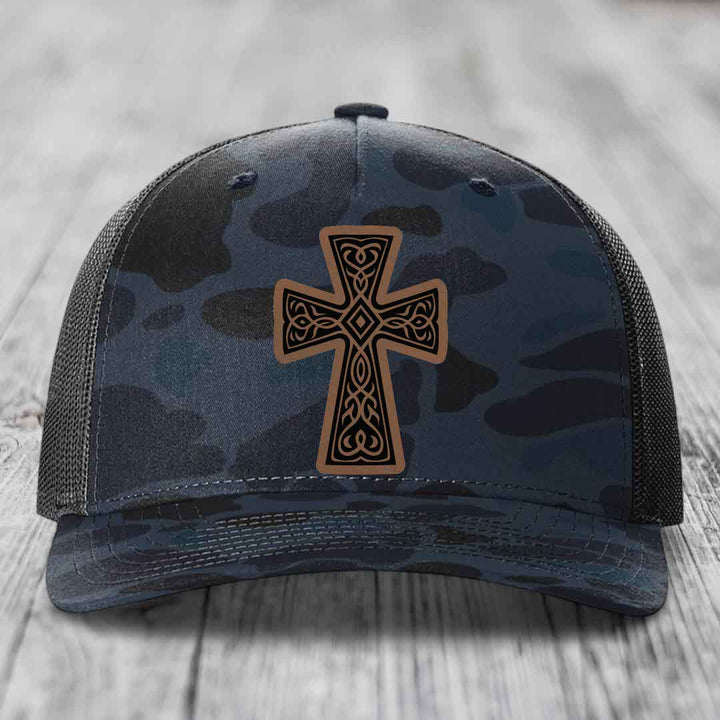 Graceforged Cross - Leather Patch Hat - Dark Brown to Black Patch - Richardson 112PFP Snapback Trucker Hat