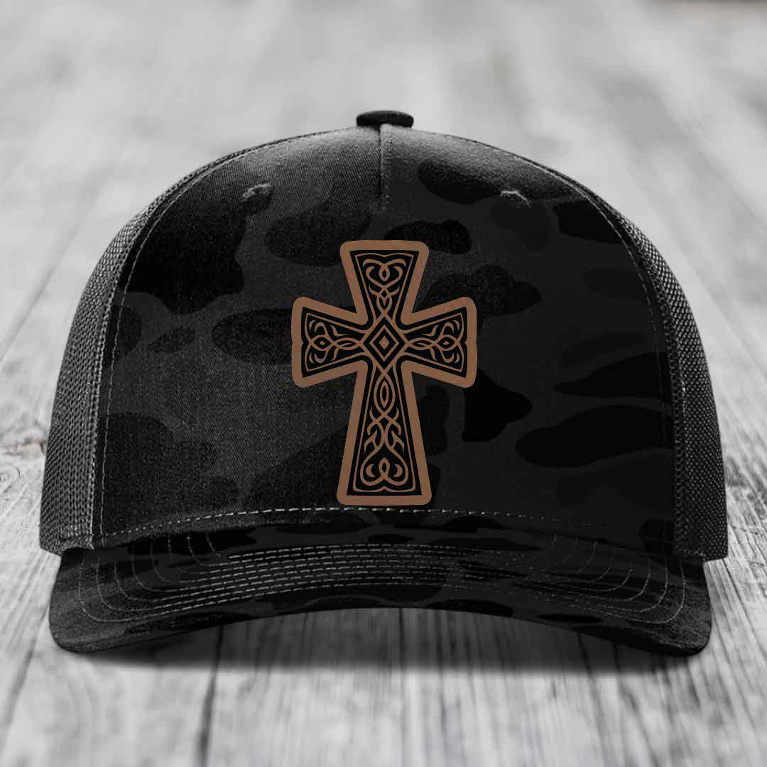 Graceforged Cross - Leather Patch Hat - Dark Brown to Black Patch - Richardson 112PFP Snapback Trucker Hat