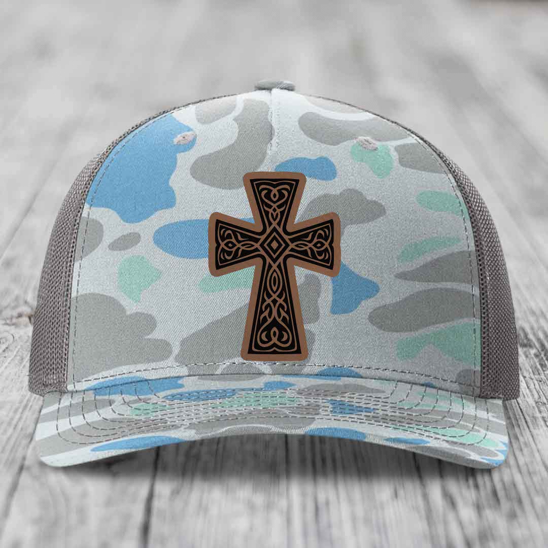 Graceforged Cross - Leather Patch Hat - Dark Brown to Black Patch - Richardson 112PFP Snapback Trucker Hat
