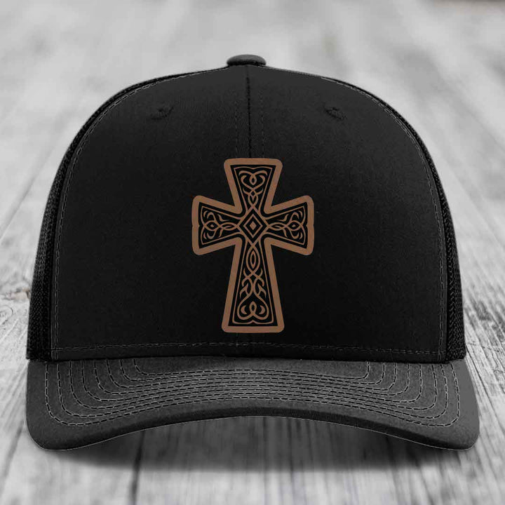 Graceforged Cross - Leather Patch Hat - Dark Brown to Black Patch - Richardson 112 Snapback Trucker Hat