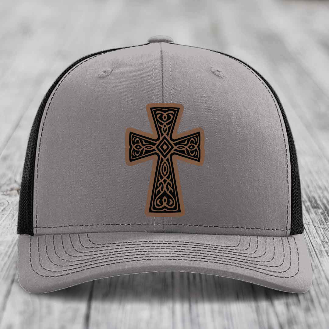 Graceforged Cross - Leather Patch Hat - Dark Brown to Black Patch - Richardson 112 Snapback Trucker Hat