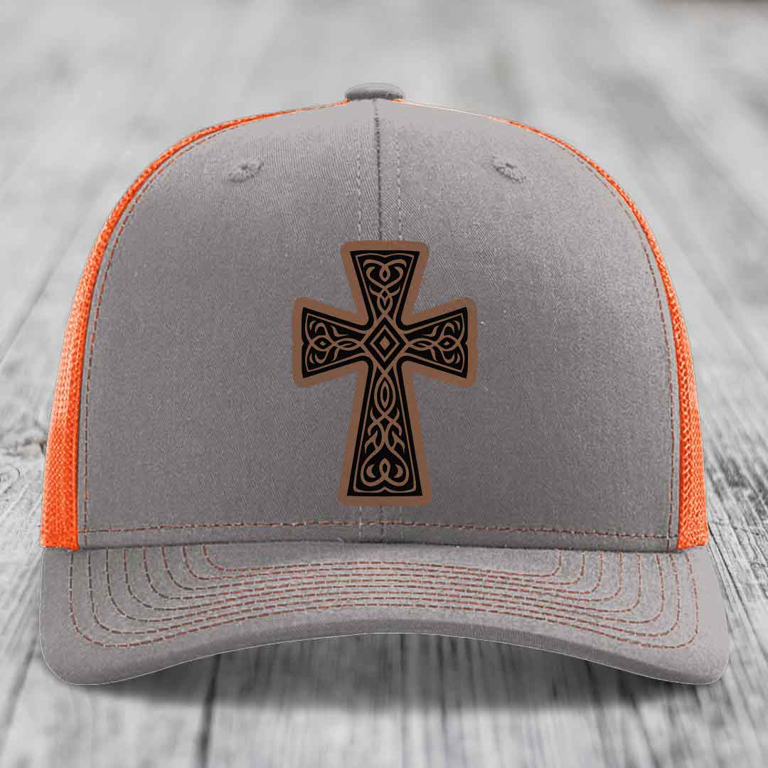 Graceforged Cross - Leather Patch Hat - Dark Brown to Black Patch - Richardson 112 Snapback Trucker Hat