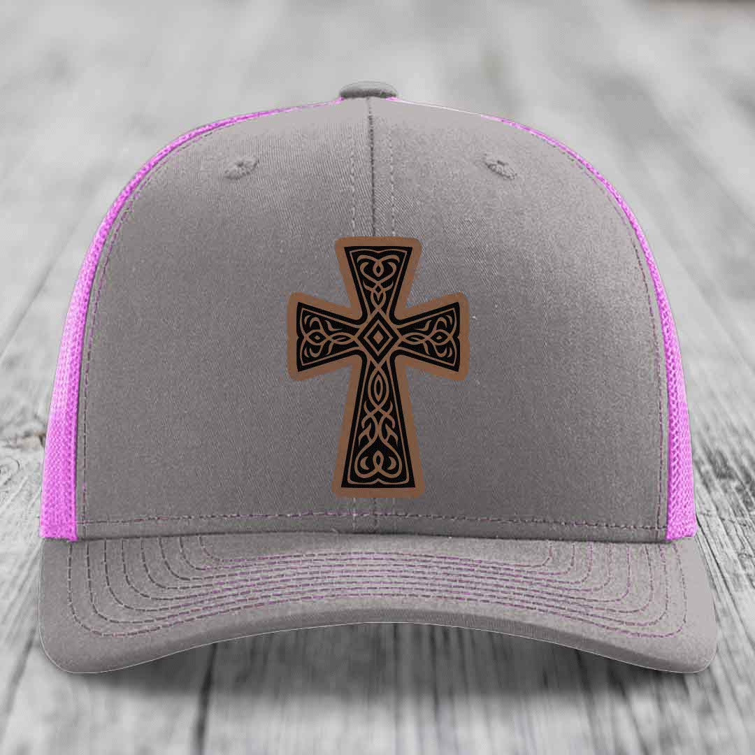Graceforged Cross - Leather Patch Hat - Dark Brown to Black Patch - Richardson 112 Snapback Trucker Hat