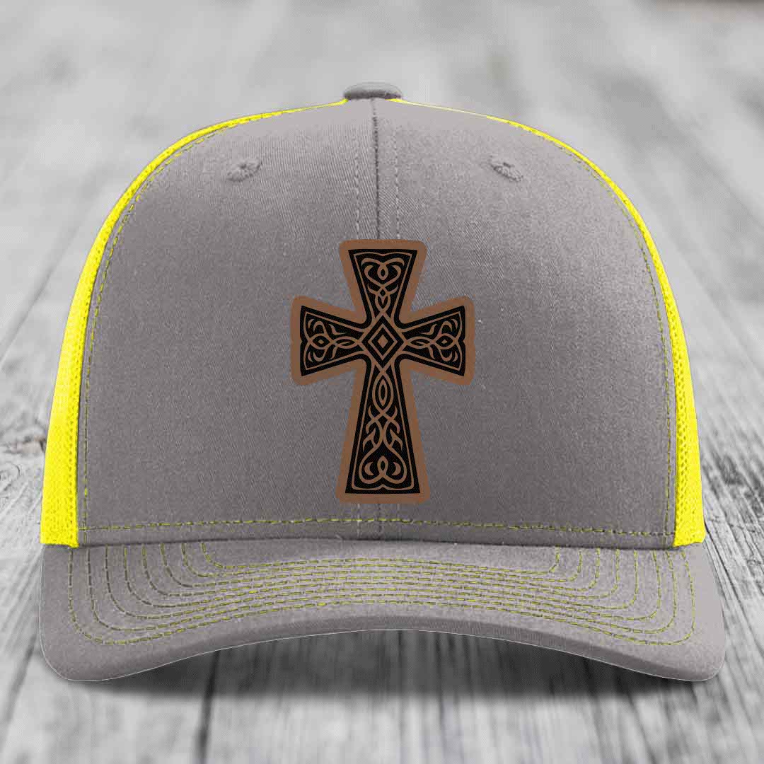 Graceforged Cross - Leather Patch Hat - Dark Brown to Black Patch - Richardson 112 Snapback Trucker Hat