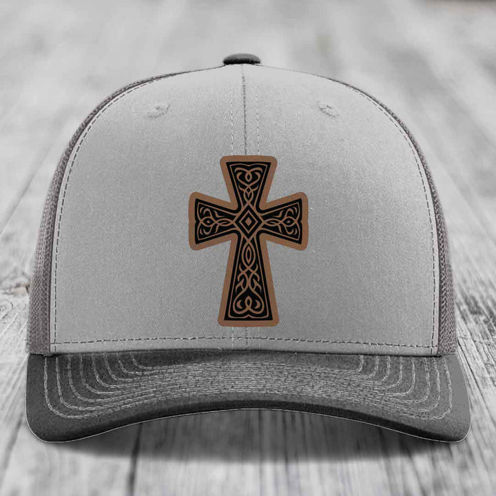 Graceforged Cross - Leather Patch Hat - Dark Brown to Black Patch - Richardson 112 Snapback Trucker Hat
