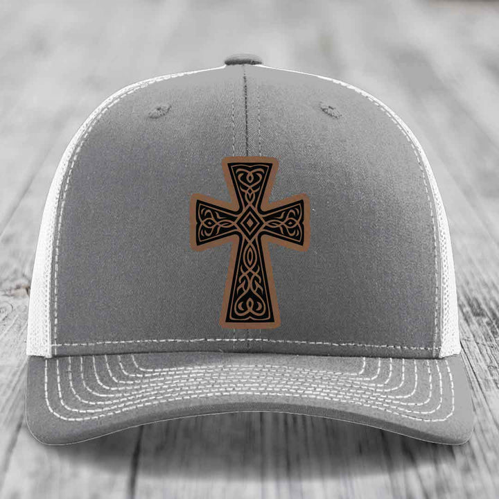 Graceforged Cross - Leather Patch Hat - Dark Brown to Black Patch - Richardson 112 Snapback Trucker Hat