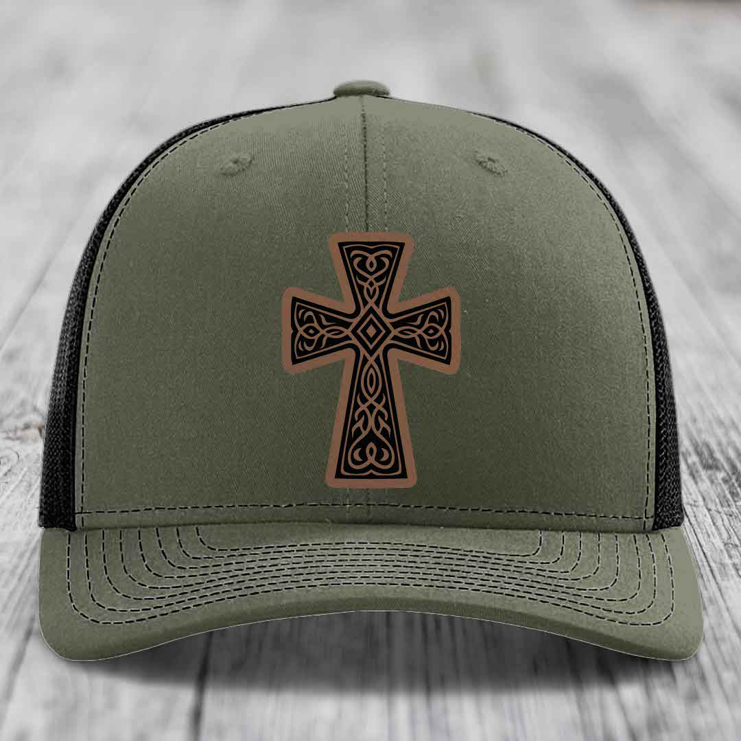 Graceforged Cross - Leather Patch Hat - Dark Brown to Black Patch - Richardson 112 Snapback Trucker Hat