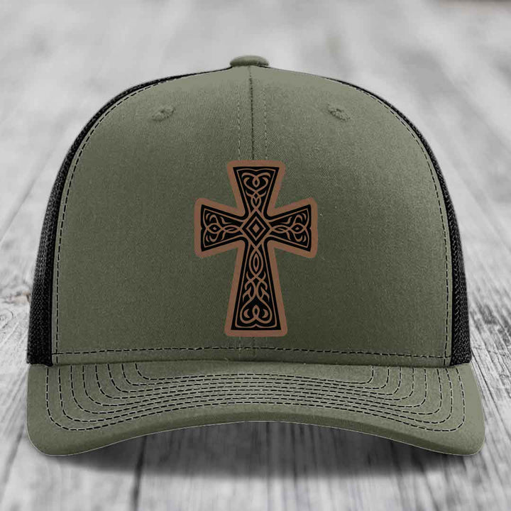 Graceforged Cross - Leather Patch Hat - Dark Brown to Black Patch - Richardson 112 Snapback Trucker Hat