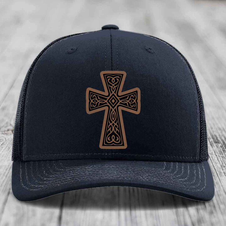 Graceforged Cross - Leather Patch Hat - Dark Brown to Black Patch - Richardson 112 Snapback Trucker Hat