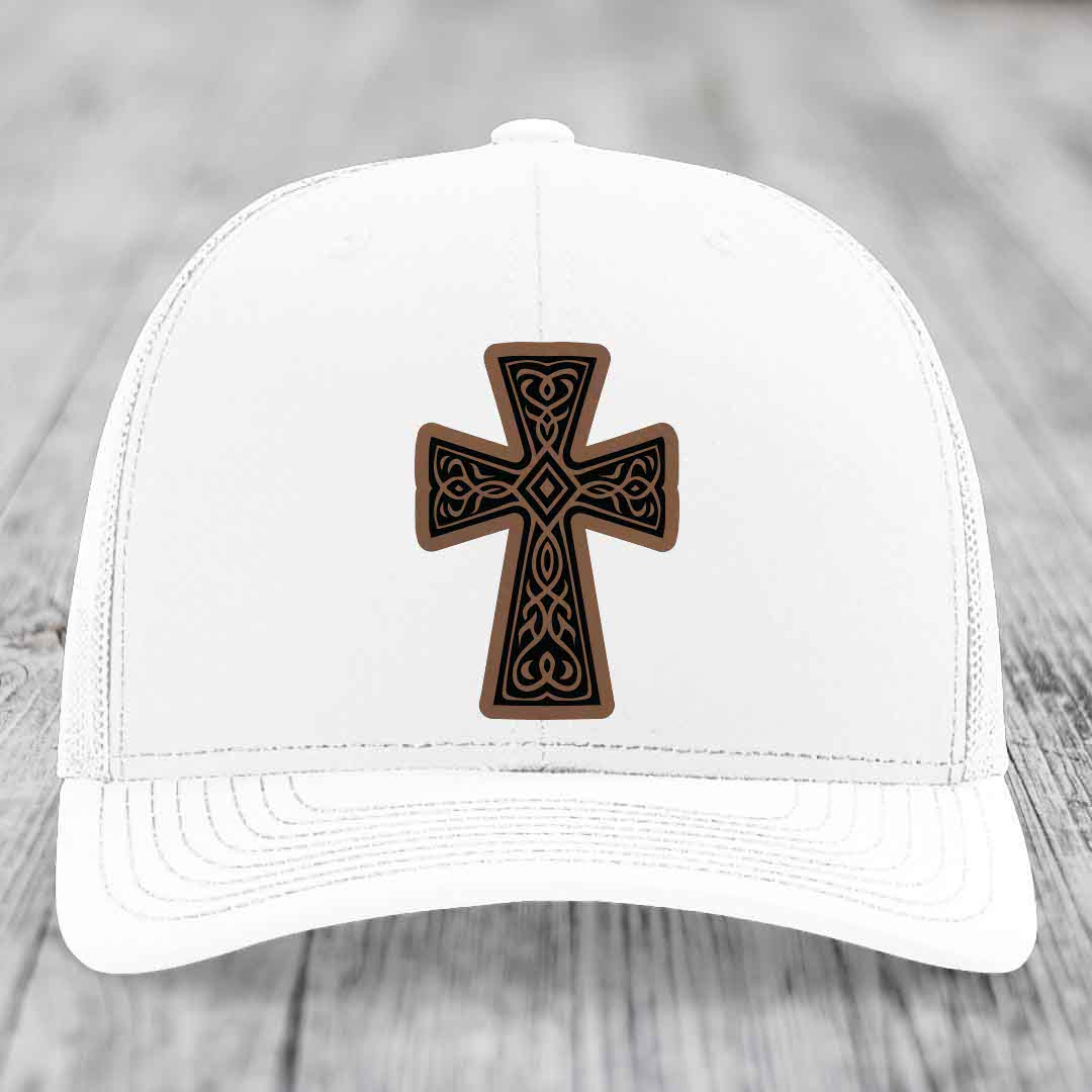 Graceforged Cross - Leather Patch Hat - Dark Brown to Black Patch - Richardson 112 Snapback Trucker Hat