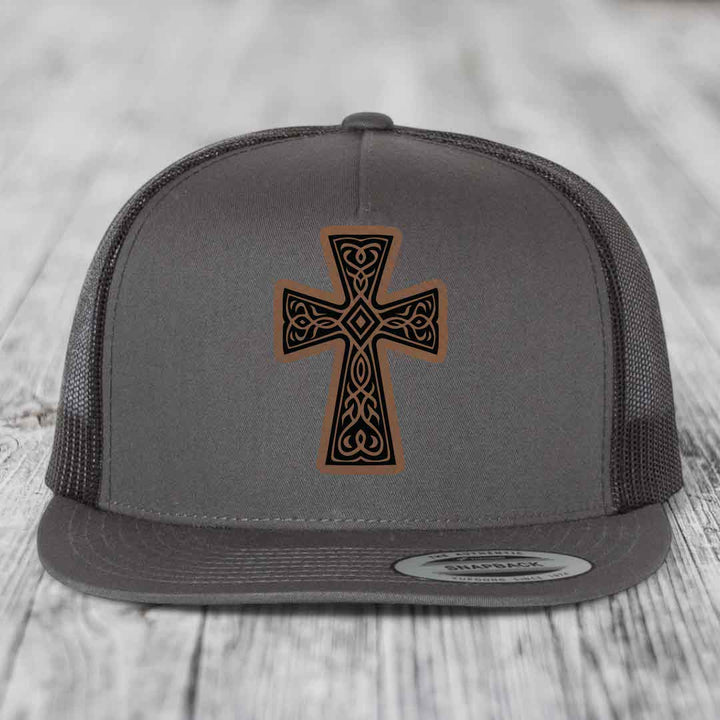 Graceforged Cross - Leather Patch Hat - Dark Brown to Black Patch - Yupoong 6006 Snapback Flatbill Hat