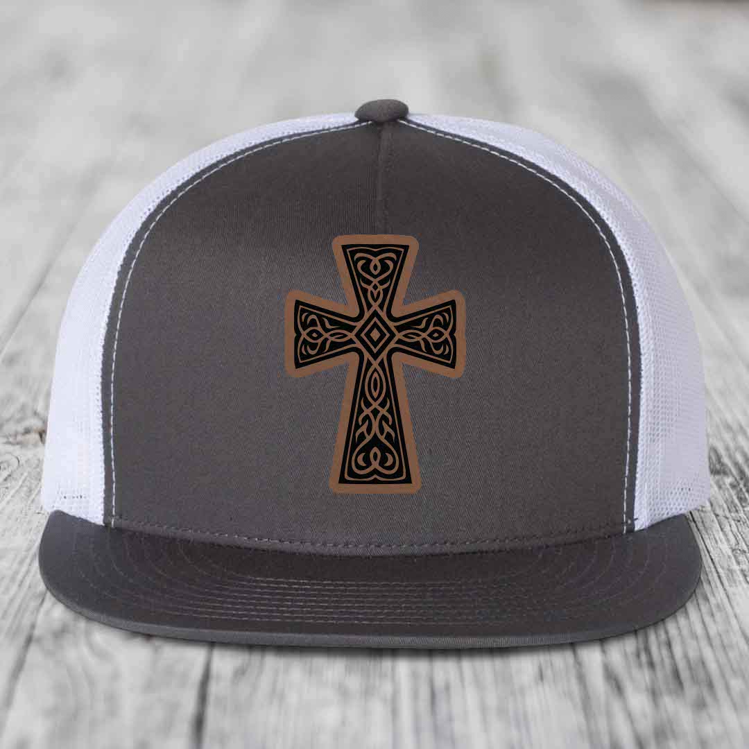 Graceforged Cross - Leather Patch Hat - Dark Brown to Black Patch - Yupoong 6006 Snapback Flatbill Hat