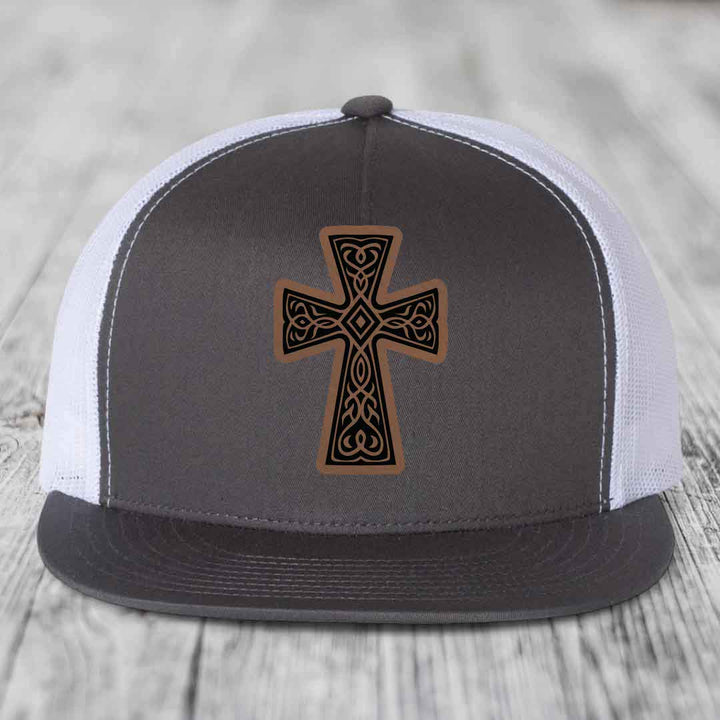 Graceforged Cross - Leather Patch Hat - Dark Brown to Black Patch - Yupoong 6006 Snapback Flatbill Hat