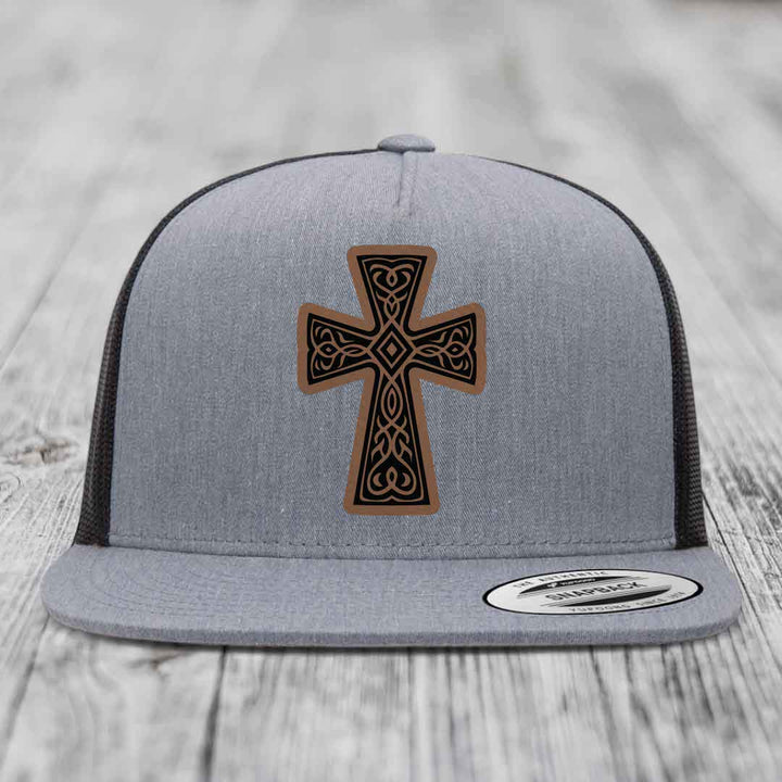 Graceforged Cross - Leather Patch Hat - Dark Brown to Black Patch - Yupoong 6006 Snapback Flatbill Hat