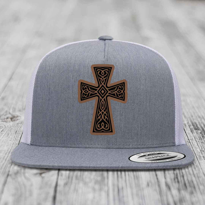 Graceforged Cross - Leather Patch Hat - Dark Brown to Black Patch - Yupoong 6006 Snapback Flatbill Hat