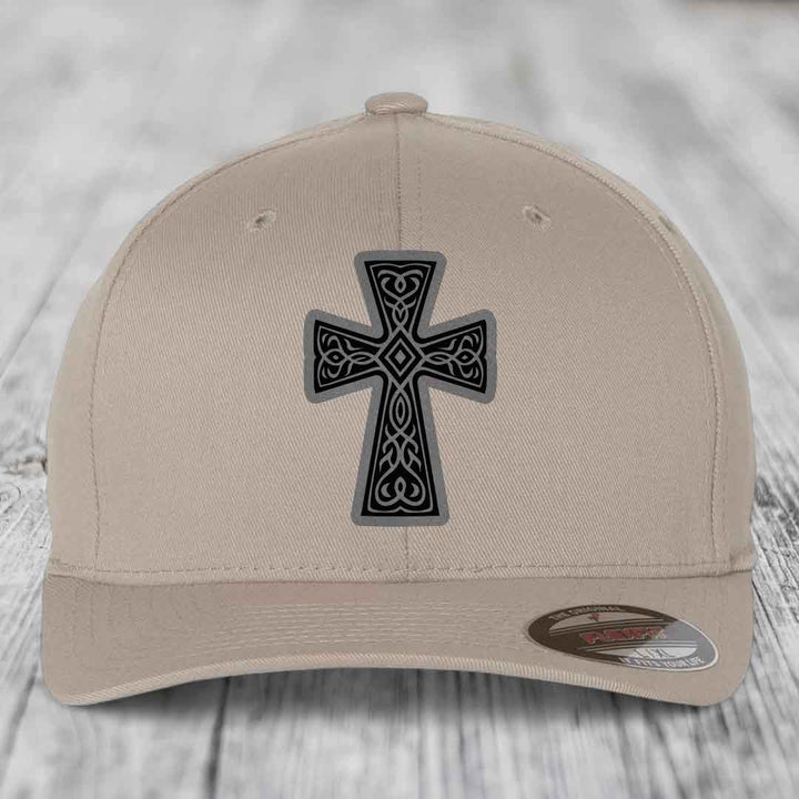 Graceforged Cross - Leather Patch Hat - Grey to Black Patch - Flexfit 6277 Fitted Hat