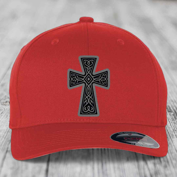 Graceforged Cross - Leather Patch Hat - Grey to Black Patch - Flexfit 6277 Fitted Hat