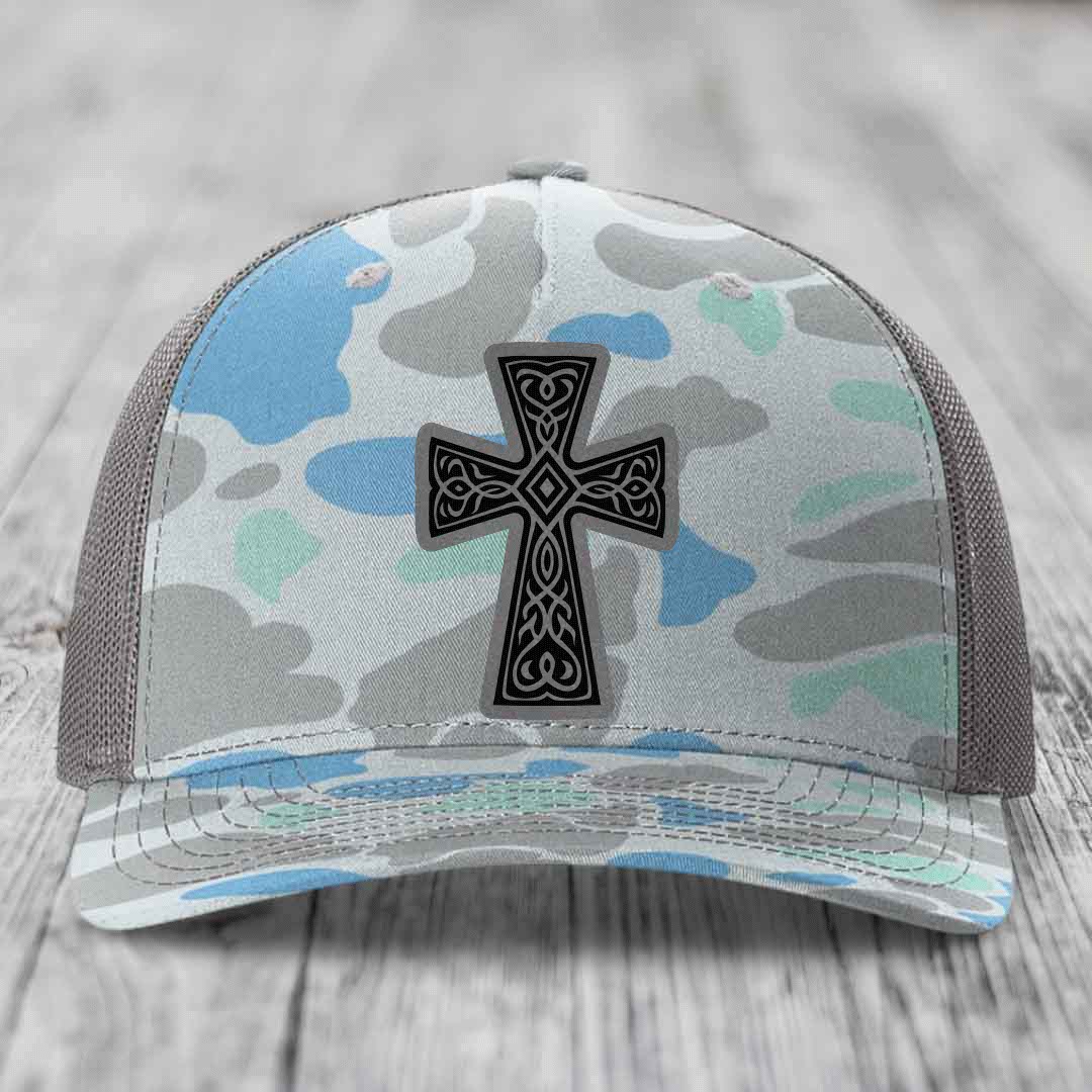 Graceforged Cross - Leather Patch Hat - Grey to Black Patch - Richardson 112PFP Snapback Trucker Hat