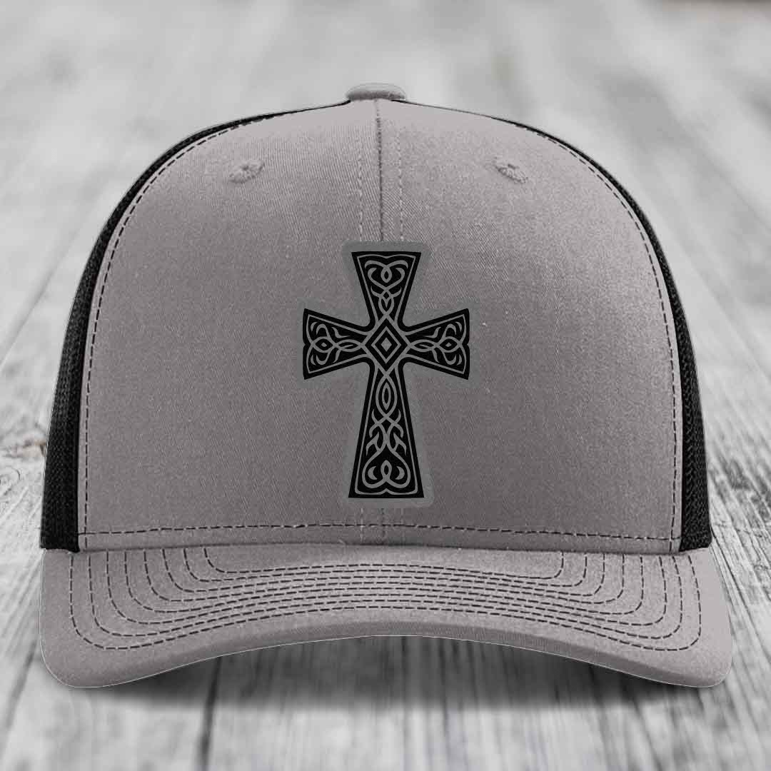 Graceforged Cross - Leather Patch Hat - Grey to Black Patch - Richardson 112 Snapback Trucker Hat