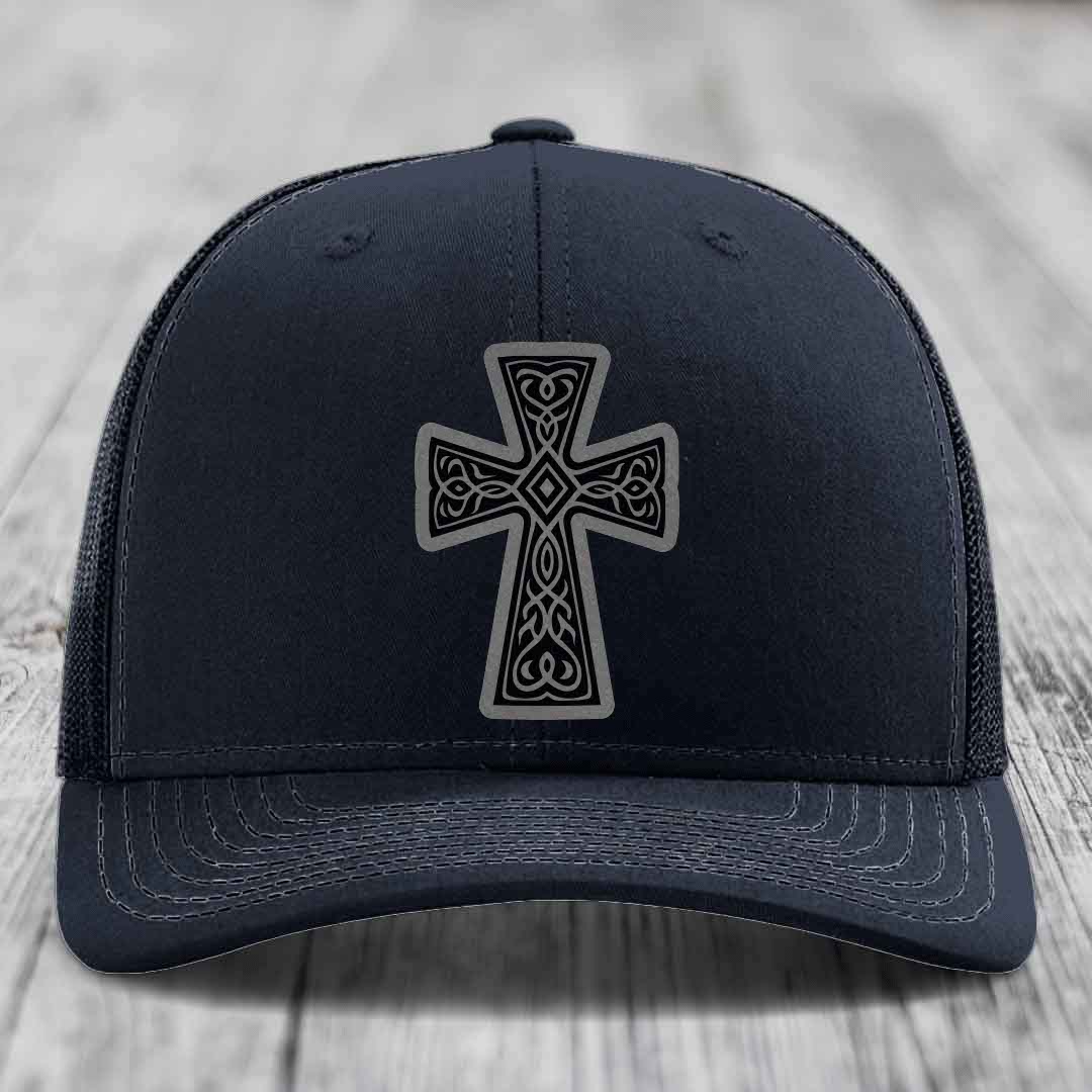 Graceforged Cross - Leather Patch Hat - Grey to Black Patch - Richardson 112 Snapback Trucker Hat
