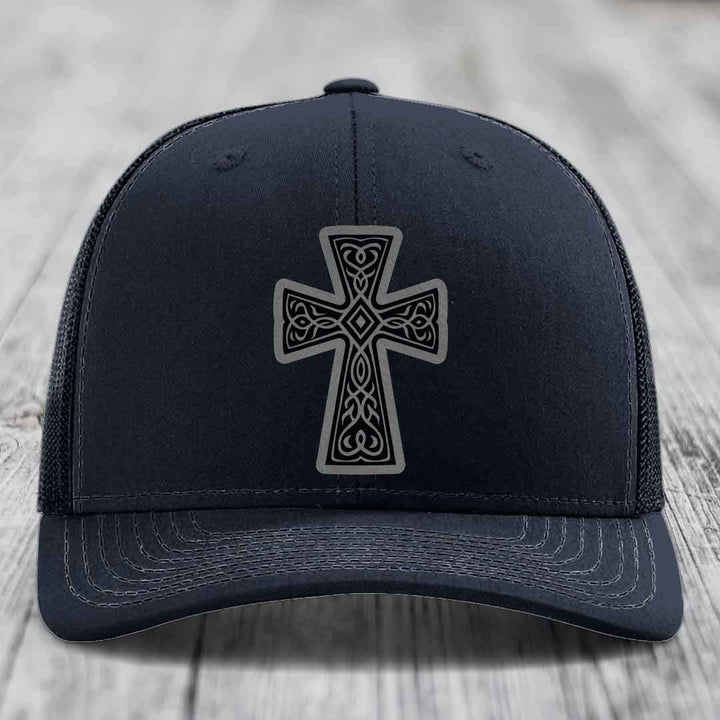 Graceforged Cross - Leather Patch Hat - Grey to Black Patch - Richardson 112 Snapback Trucker Hat