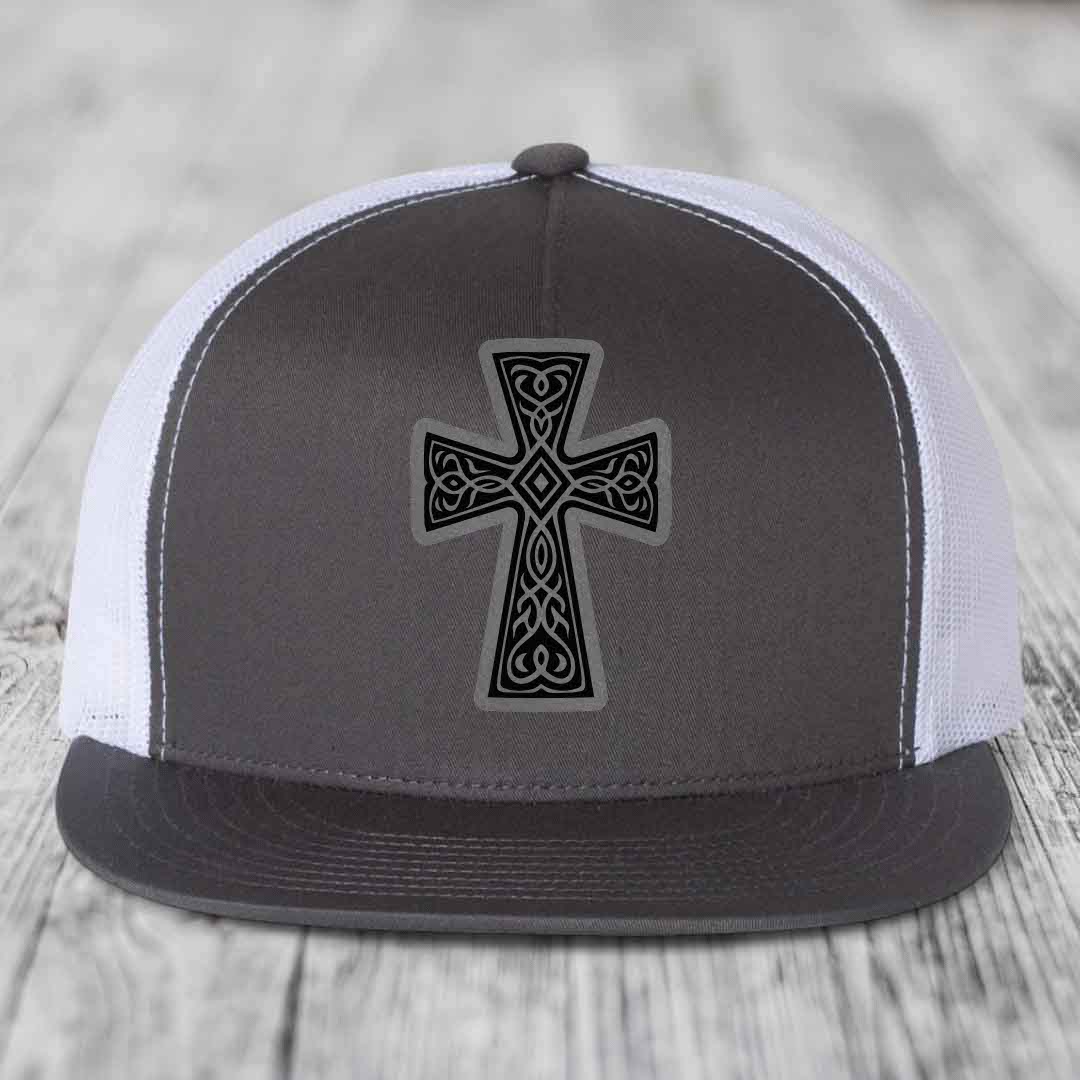 Graceforged Cross - Leather Patch Hat - Grey to Black Patch - Yupoong 6006 Snapback Flatbill Hat
