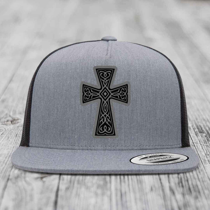 Graceforged Cross - Leather Patch Hat - Grey to Black Patch - Yupoong 6006 Snapback Flatbill Hat