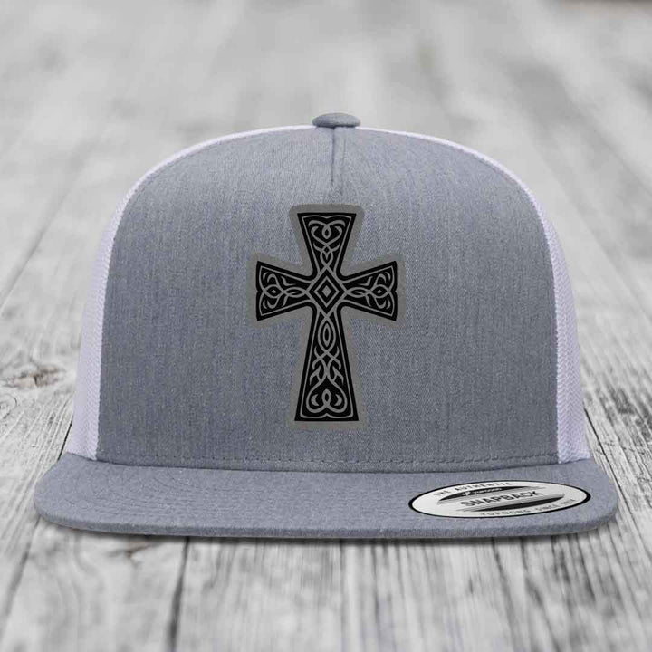 Graceforged Cross - Leather Patch Hat - Grey to Black Patch - Yupoong 6006 Snapback Flatbill Hat