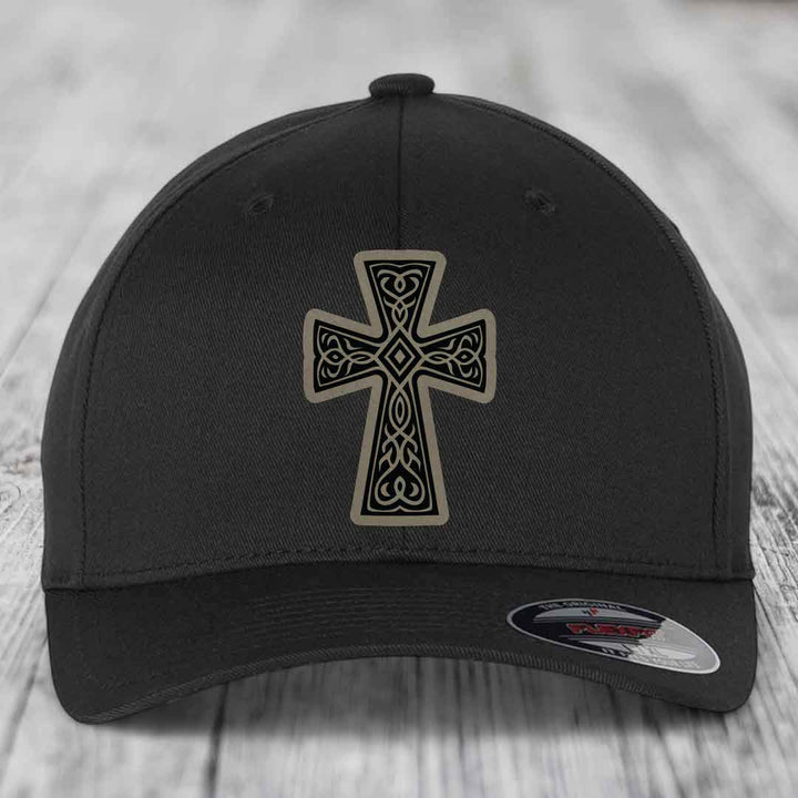 Graceforged Cross - Leather Patch Hat - Light Brown to Black Patch - Flexfit 6277 Fitted Hat