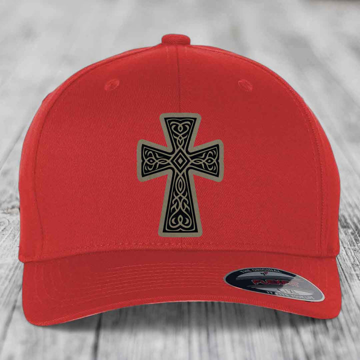 Graceforged Cross - Leather Patch Hat - Light Brown to Black Patch - Flexfit 6277 Fitted Hat