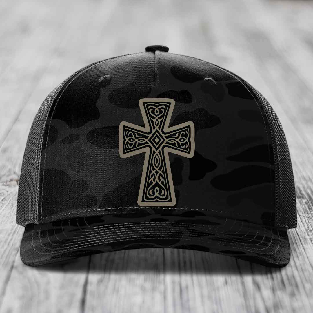 Graceforged Cross - Leather Patch Hat - Light Brown to Black Patch - Richardson 112PFP Snapback Trucker Hat