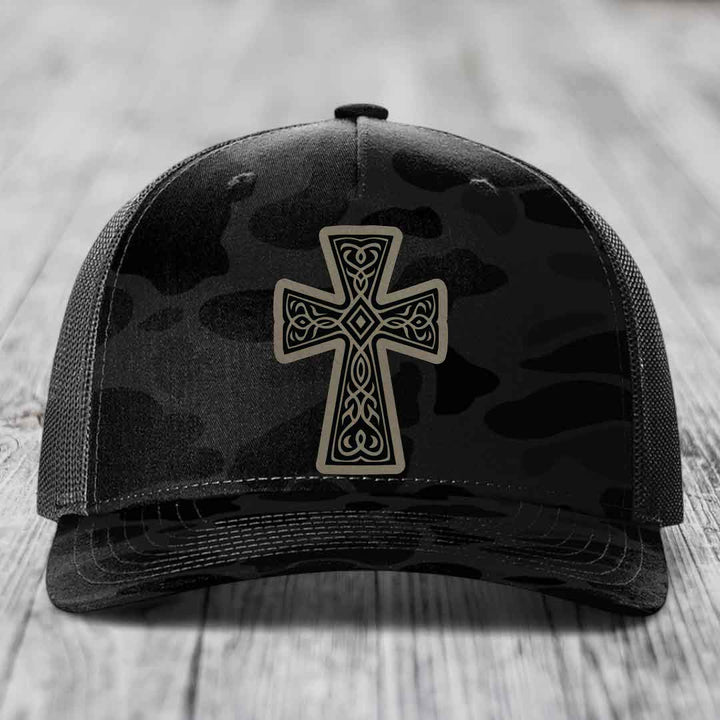 Graceforged Cross - Leather Patch Hat - Light Brown to Black Patch - Richardson 112PFP Snapback Trucker Hat
