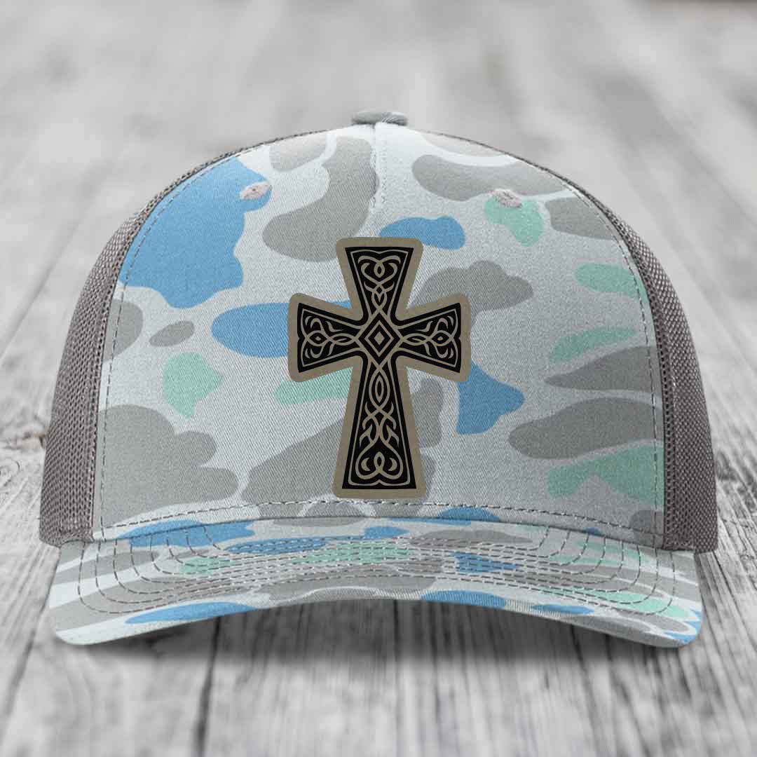 Graceforged Cross - Leather Patch Hat - Light Brown to Black Patch - Richardson 112PFP Snapback Trucker Hat